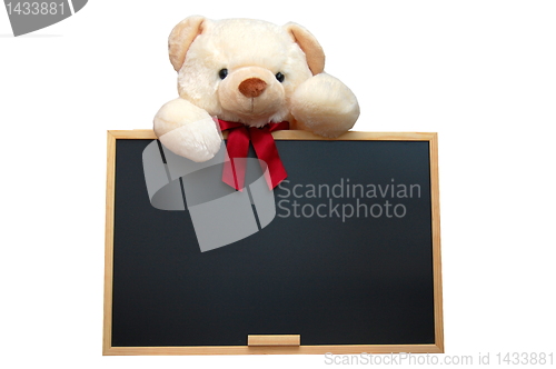 Image of teddy with empty blackboard