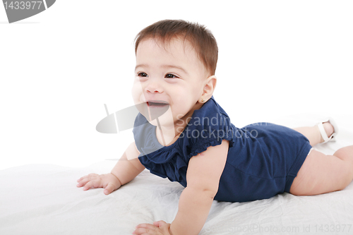 Image of little child baby smiling closeup portrait on white background 