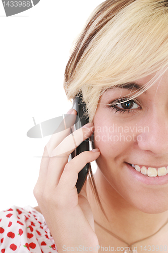 Image of Beautiful elegant woman chatting on mobile phone, smiling