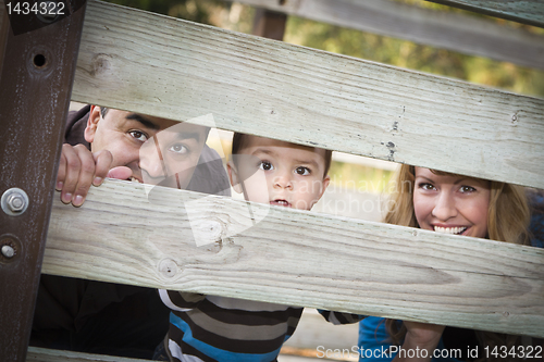 Image of Happy Young Mixed Race Ethnic Family Looking Through Fence