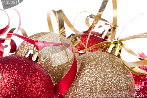 Image of christmas balls with ribbon and tinsel