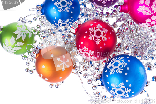 Image of christmas balls with snowflake symbols