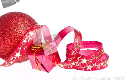 Image of red christmas ball with ribbon
