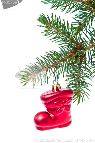 Image of red christmas star hanging from tree