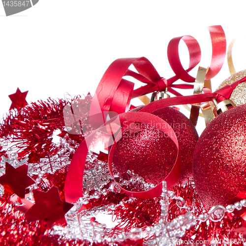 Image of christmas balls with ribbon and tinsel