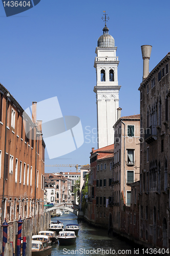 Image of Canal and tower Venice, Italy