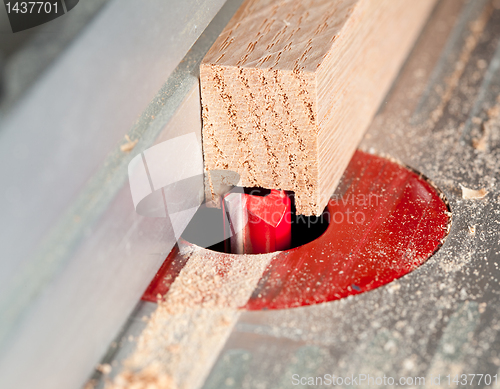 Image of Macro shot of router bit cutting into wood