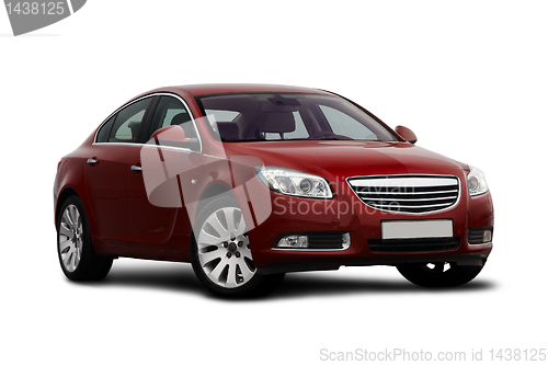 Image of Front-side view of cherry red car