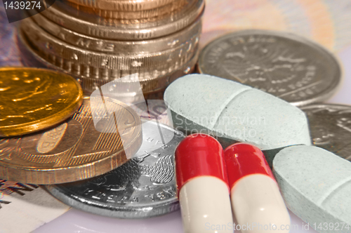 Image of coins and pills close up