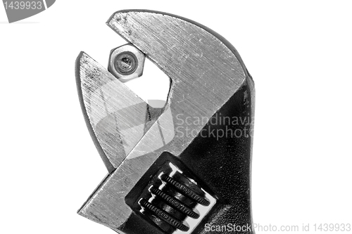 Image of Adjustable wrench with a firm grip on a nut and bolt