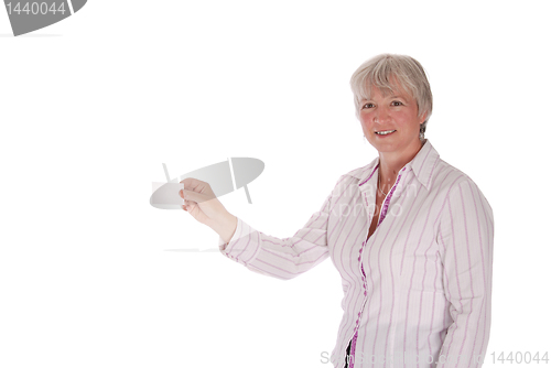 Image of Senior Woman Passing Blank Business Card