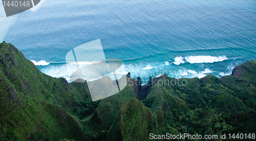Image of Aerial view down the Na Pali coastline in Kauai