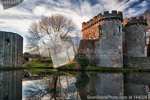 Image of Whittington Castle in Shropshire reflecting on moat