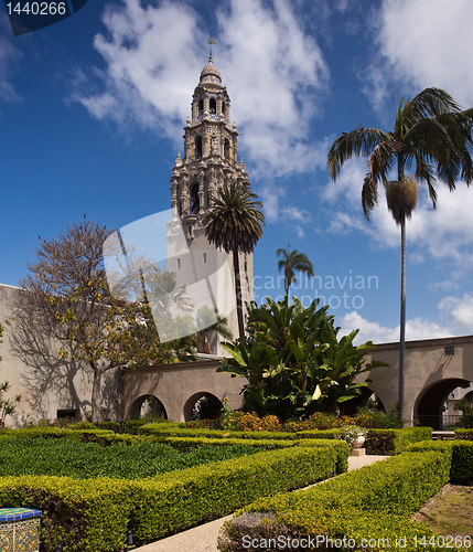 Image of California Tower from Alcazar Gardens in Balboa Park