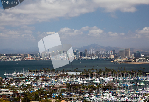 Image of San Diego Skyline over yachts in harbor