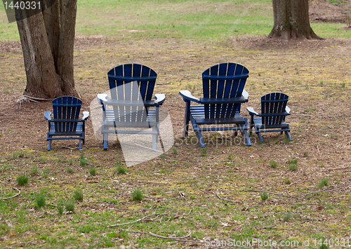 Image of Four adirondack chairs in forest