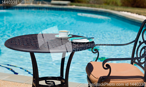 Image of Breakfast by the pool on sunny day