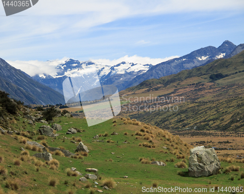 Image of Mount Cook over a grassy plain