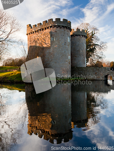 Image of Whittington Castle in Shropshire reflecting on moat