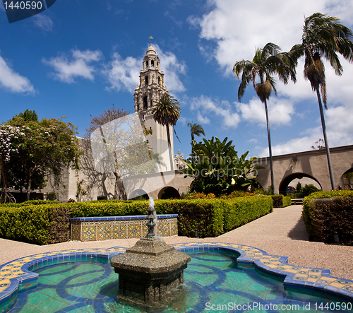 Image of California Tower from Alcazar Gardens in Balboa Park