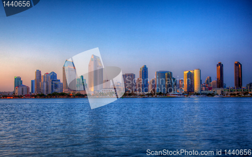 Image of San Diego skyline on clear evening in HDR