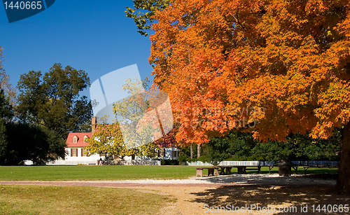 Image of Old white house framed by autumn fall leaves