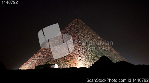 Image of Colored lights illuminate Sphinx and Pyramids