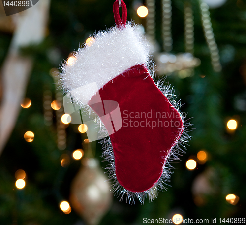 Image of Fur lined stocking in front of xmas tree