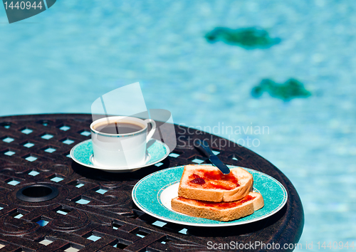 Image of Breakfast by the pool on sunny day