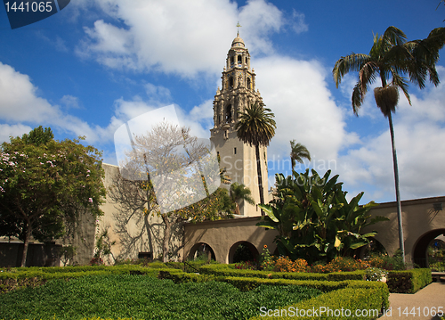 Image of California Tower from Alcazar Gardens in Balboa Park