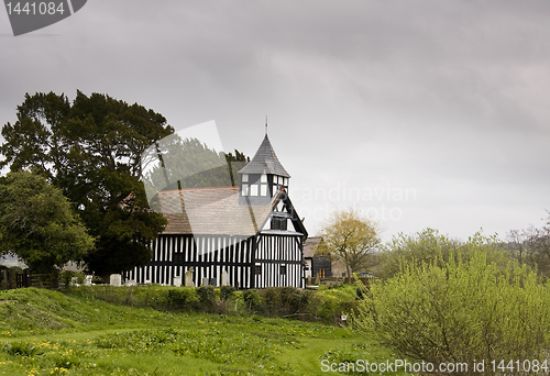 Image of Melverley Church on stormy day