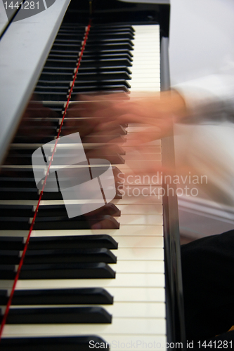 Image of Piano keyboard with fast moving hands