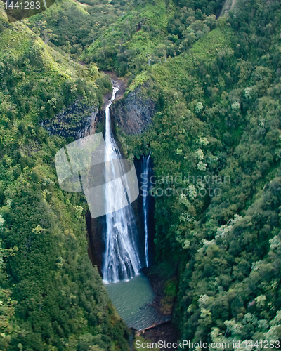 Image of Aerial view of waterfall in mountains of Kauai