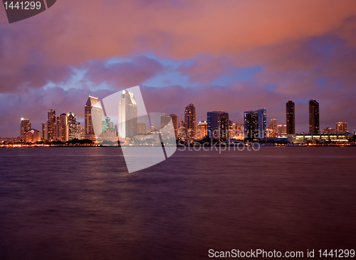 Image of Orange clouds reflect light from San Diego Skyline