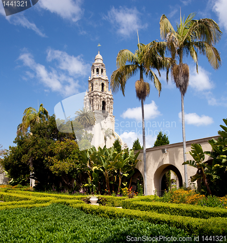 Image of California Tower from Alcazar Gardens in Balboa Park