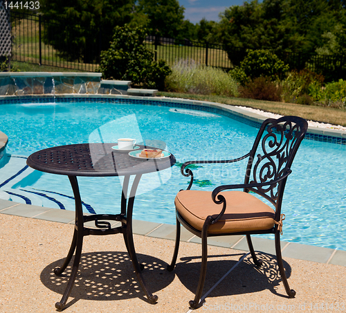 Image of Breakfast by the pool on sunny day