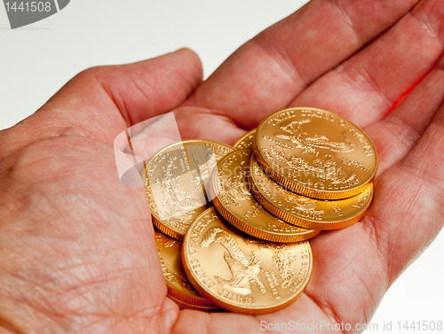 Image of Hand holding stack of gold coins