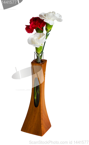 Image of Red and white spray carnations in teak vase