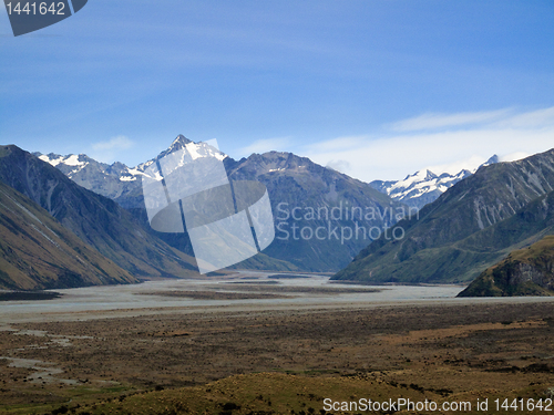 Image of Mount Cook over a grassy plain