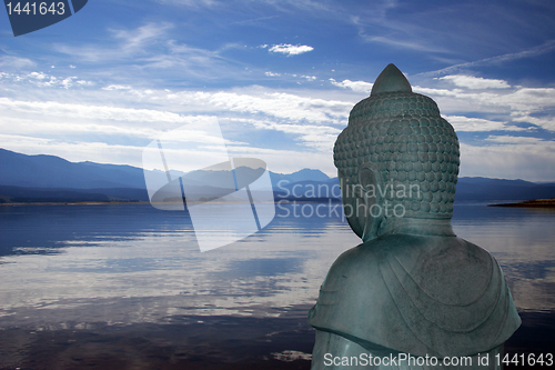 Image of Buddha overlooking lake