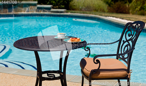 Image of Breakfast by the pool on sunny day