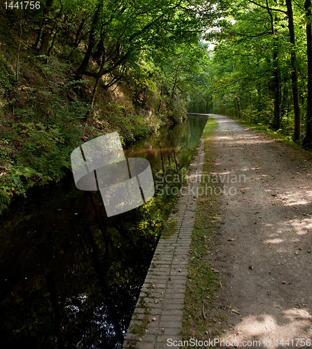 Image of Wide walkway besides still deep canal