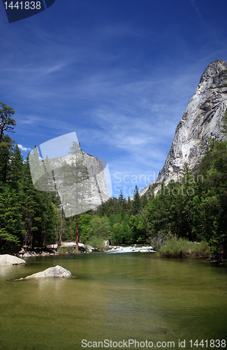 Image of View of Yosemite valley reflected in Mirror Lake