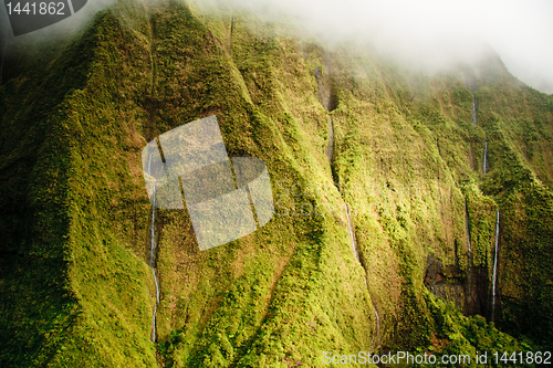 Image of Kauai Mt. Waialeale waterfalls in rain