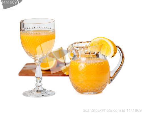 Image of Glass and jug filled with orange juice