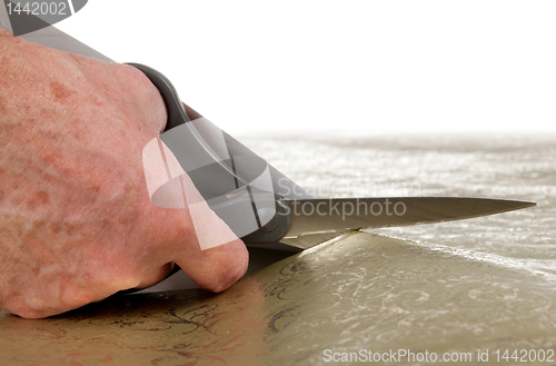 Image of Scissors cutting decorative wrapping paper