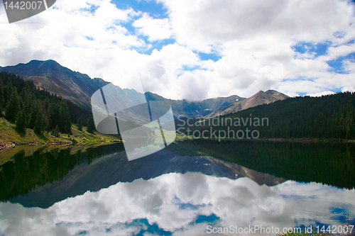 Image of Lonely lake reflecting mountains
