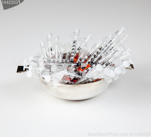 Image of Close-up of used hypodermic syringes