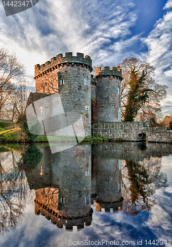 Image of Whittington Castle in Shropshire reflecting on moat