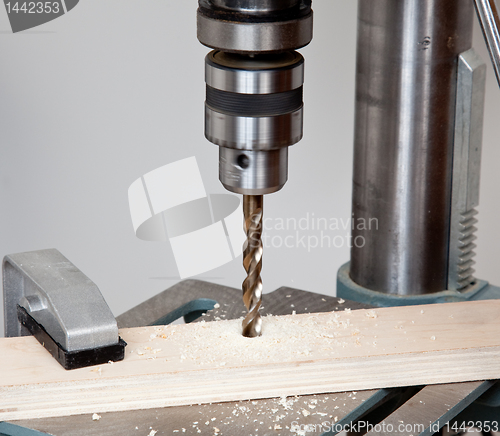 Image of Close up of drill bit above wood